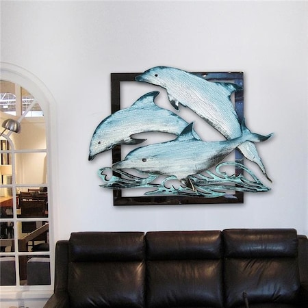 Designocracy G98519S3-18 Dolphin Pod In Frame Rustic Wooden Art Beach House Wall Decor